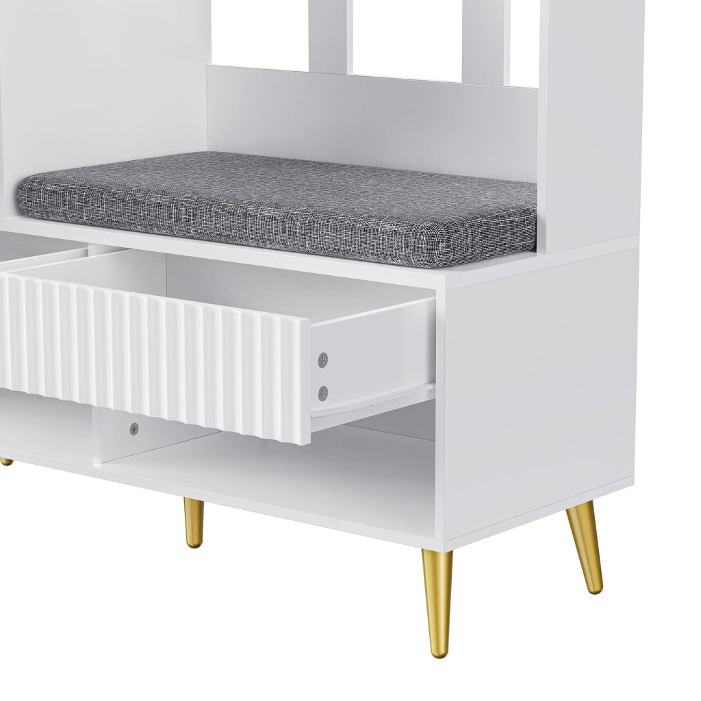 OKWISH Mobile da Ingresso con 1 Anta, 2 Cassetti, Vani Aperti, 4 Ganci e Panchina, per Ingresso, MDF, Bianco, 100×35×180 cm