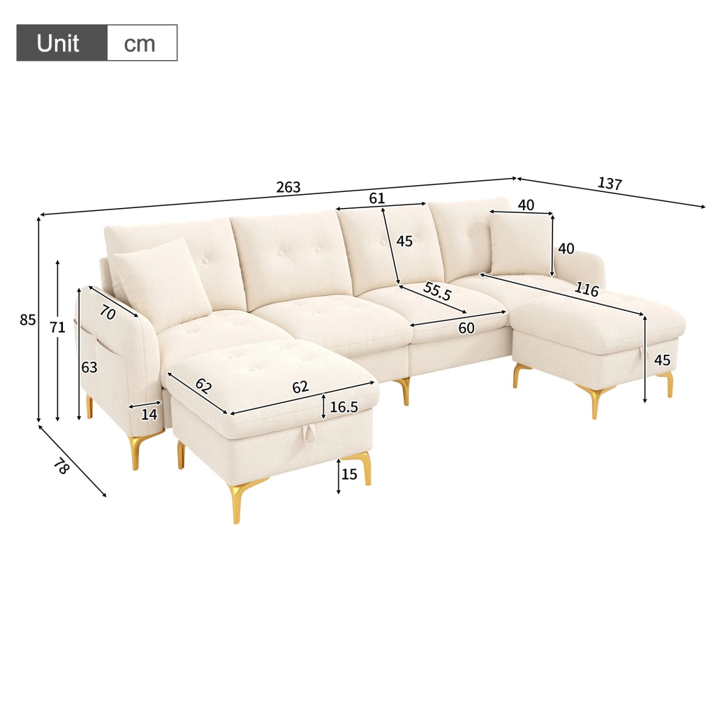 Divano modulare 4 posti con pouf contenitore 263x137x85 cm in ciniglia beige