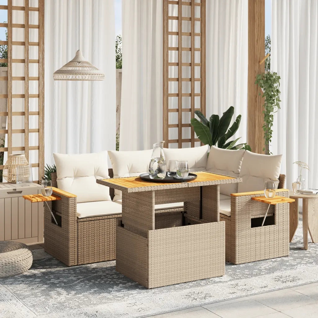 Set Divano da Giardino 5 pz con Cuscini Beige in Polyrattan