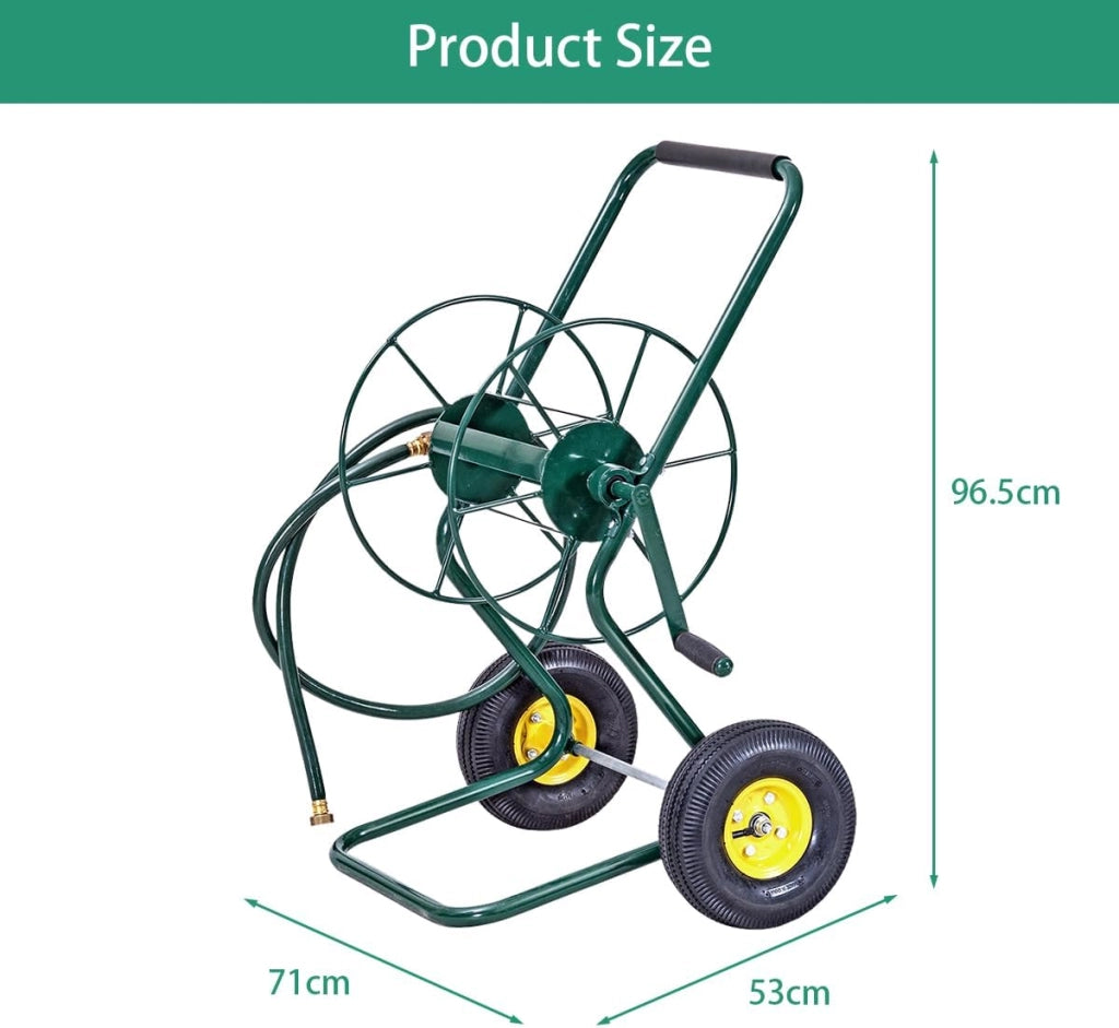 Carrello Avvolgitubo da Giardino, Avvolgitubo in Metallo con Manico e 2 Ruote Pneumatiche, per Tubi di 3/4", Fino 61 Metri, 71 x 53 x 96,5 cm, Verde