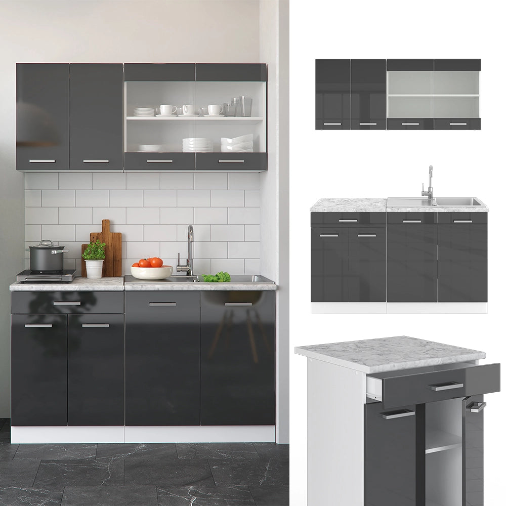 Vicco Cucina monoblocco Antracite lucido/bianco 140 cm , PL Marmo