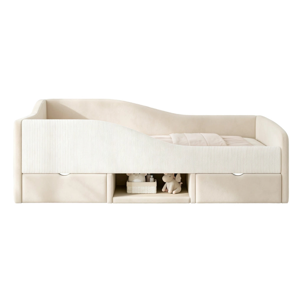 Letto imbottito per bambini 90 x 190 cm con cassetti e sponde; velluto beige