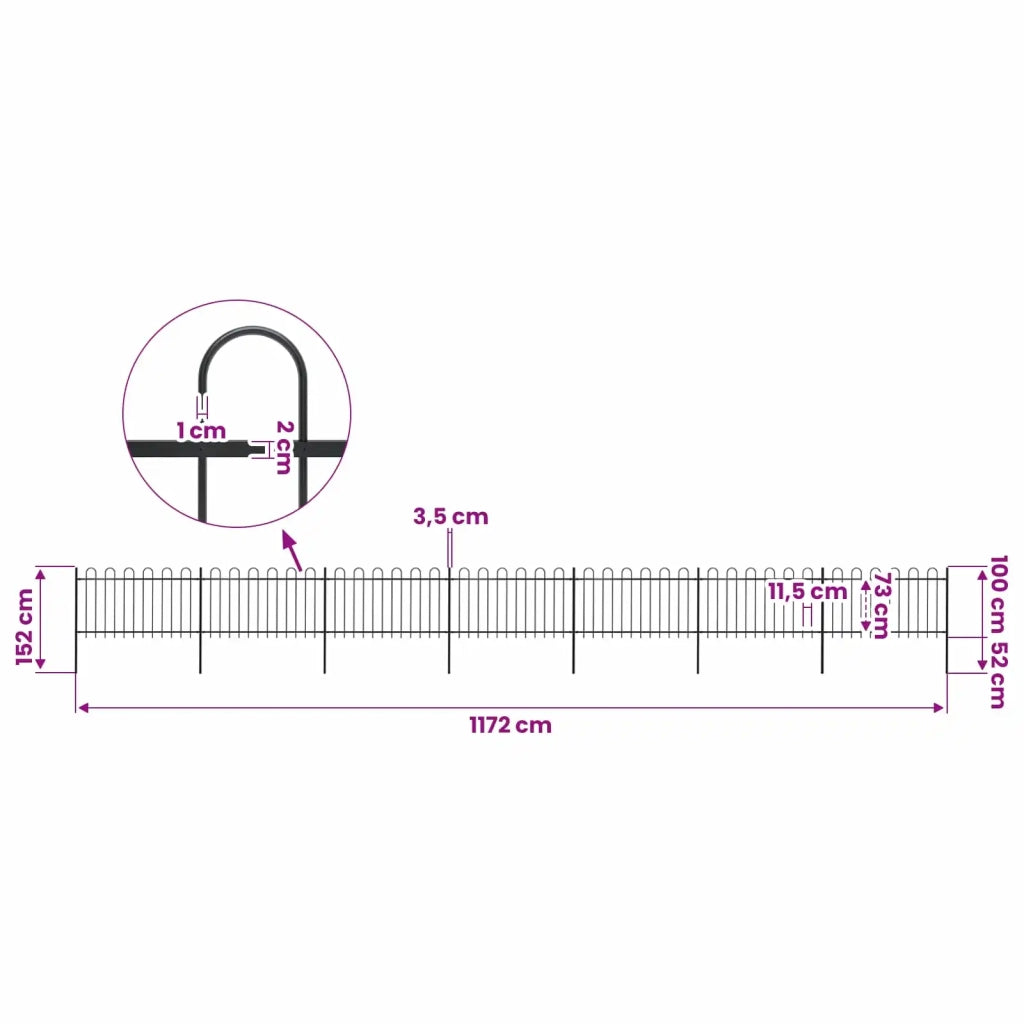 Recinzione da Giardino con Parte Superiore ad Anello in Acciaio 1172x100 cm Nero 277662