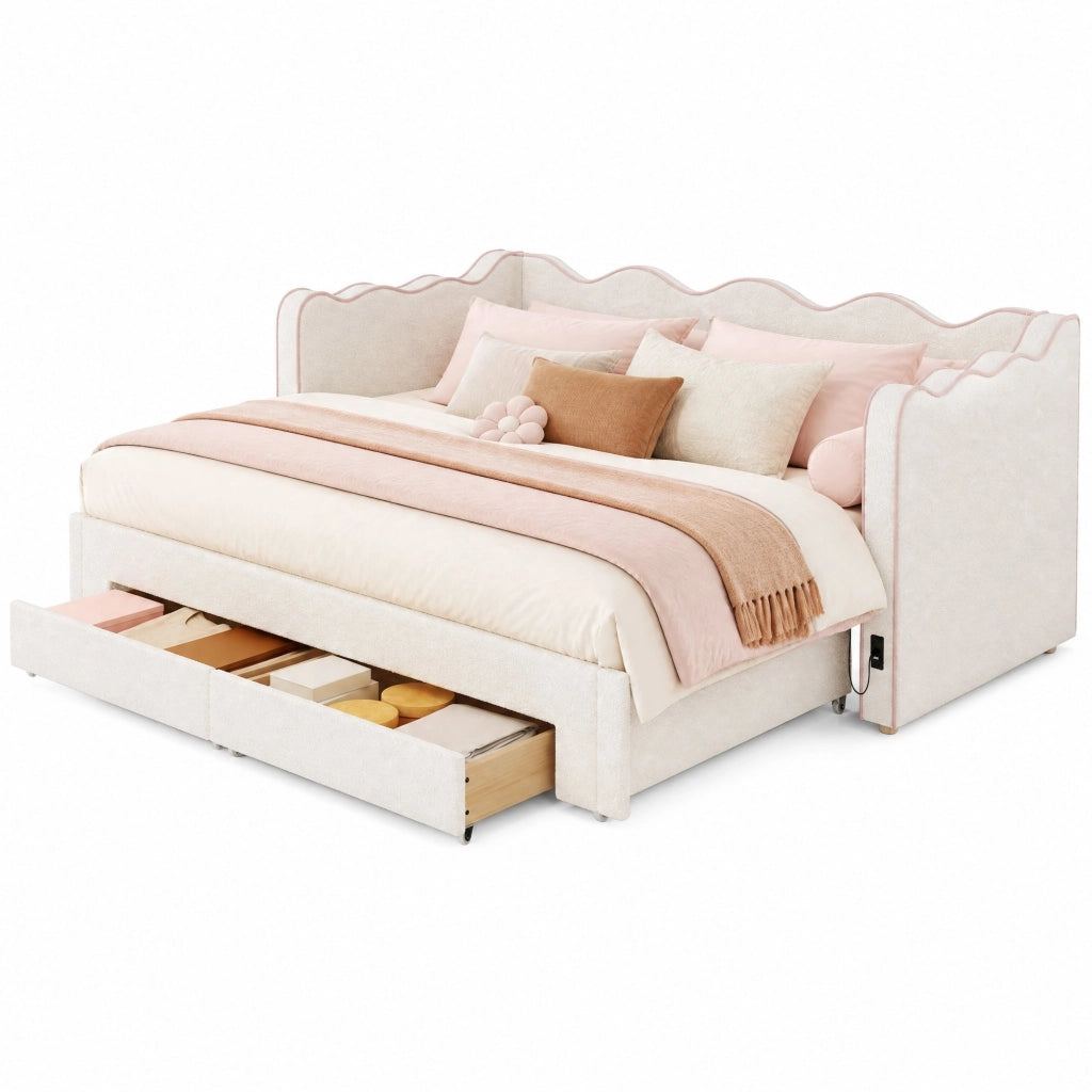 Letto daybed estraibile con cassetti, USB e Type-C, bouclé beige, 90x200 cm