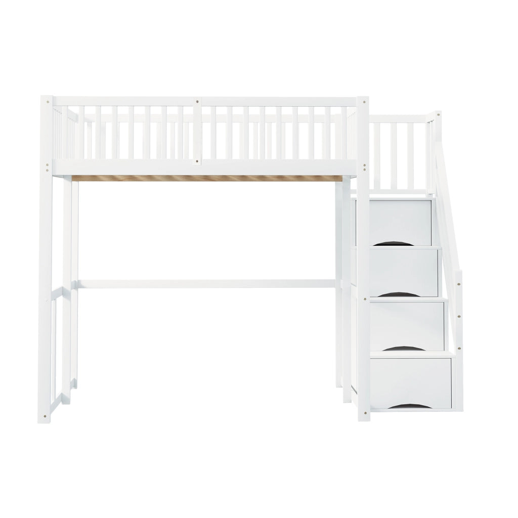 Letto a soppalco 140×200 cm con scala contenitore e barriera; senza materasso; legno; bianco