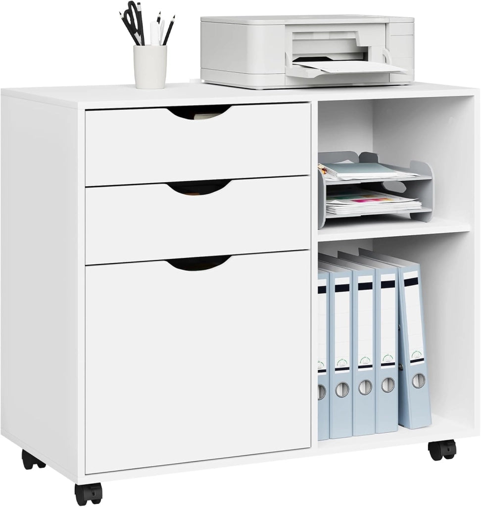 Schedario Mobilet con 3 Cassetti e 2 Ripiani Aperti, Cassettiera con 5 Ruote e Binario per Appendere, Armadio Ufficio per Cartelle e Documenti a4, 80x39,5x69,5 cm, Bianco