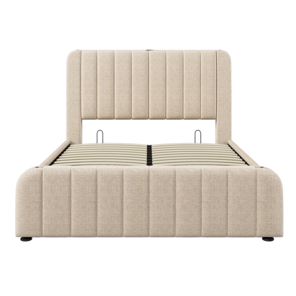 Letti contenitori 140x190 cm; testiera con ricarica USB Type-C; lino; beige (Senza materasso)