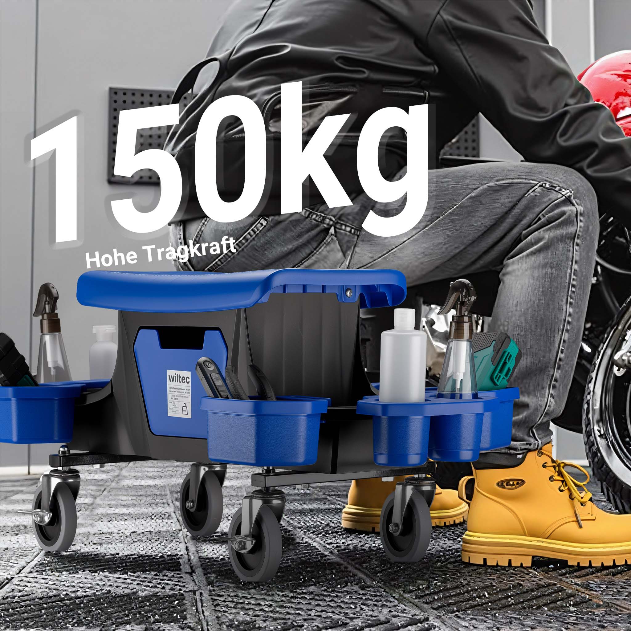 Sgabello da officina con ruote e cassetto per attrezzi, portata 150 kg, 6 scomparti intercambiabili, sgabello da lavoro con ruote