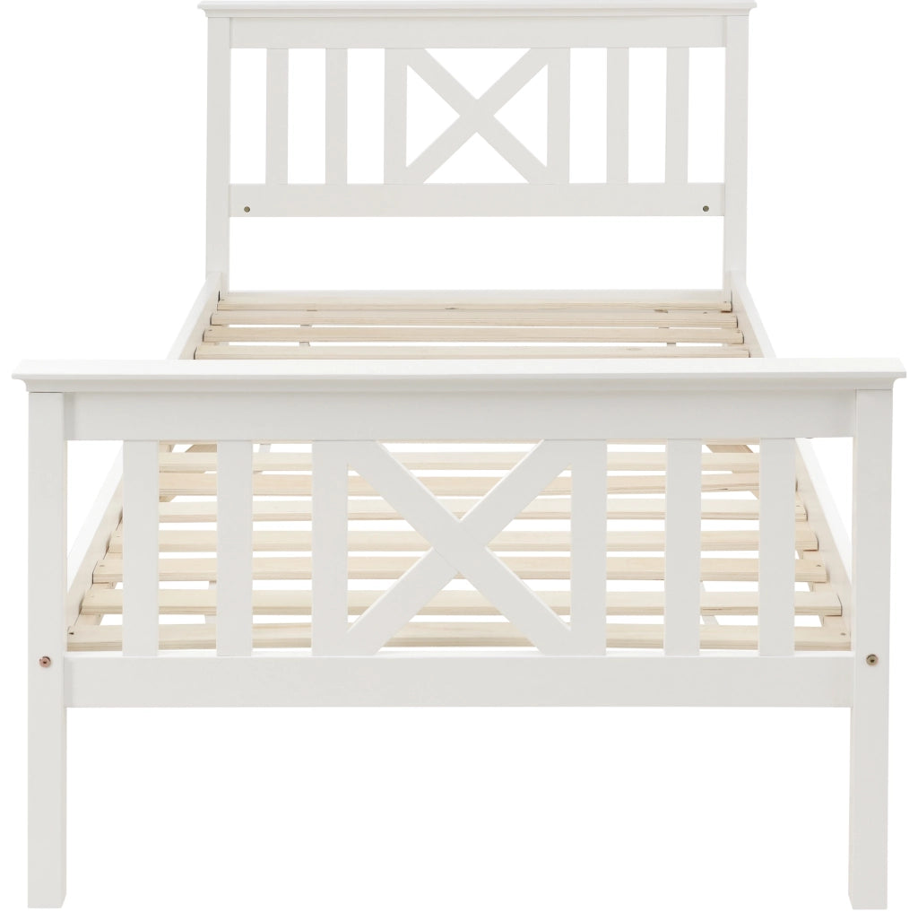 Letto singolo 90x200 cm in legno massello di pino bianco con testiera a X e rete a doghe