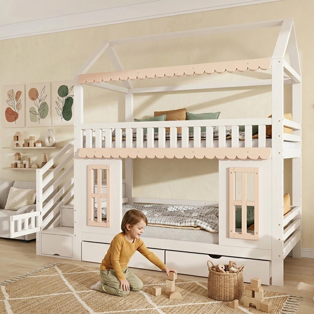 Letto a Castello 90 x 200 cm - Scala con Contenitore e 2 Cassetti - in Legno - Bianco e Naturale