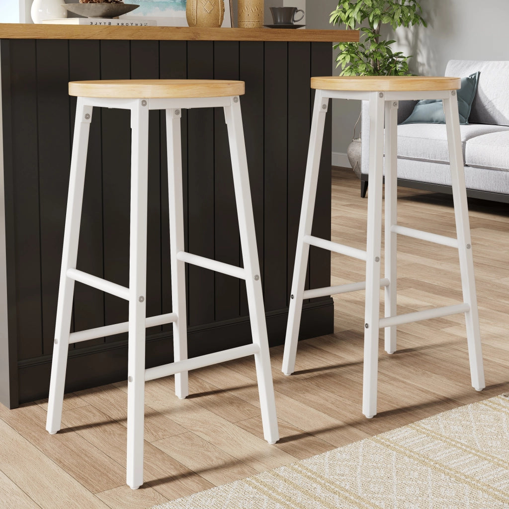 Set di 2 sgabelli da bar bianchi in MDF e metallo, altezza 63 cm