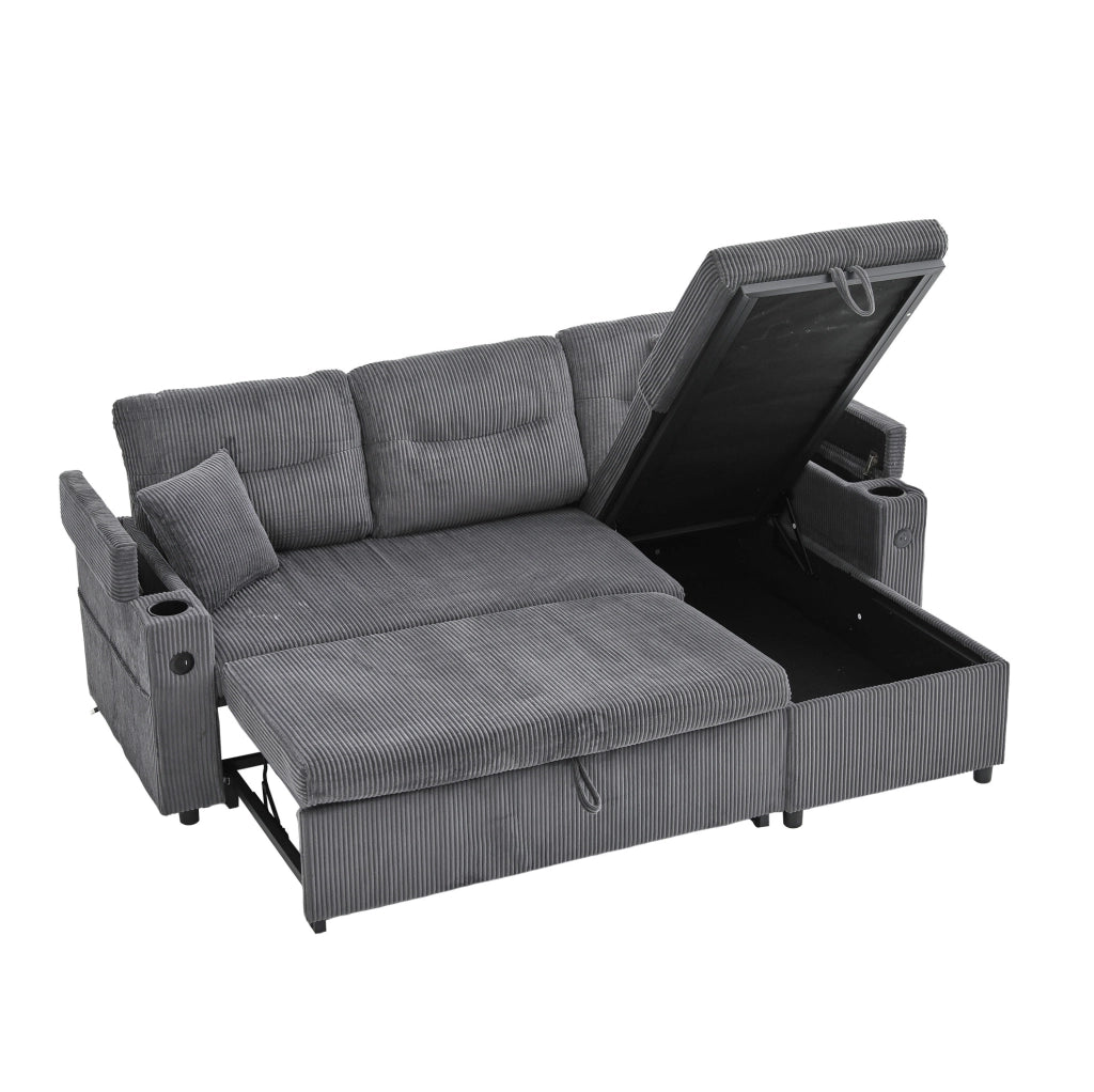 Divano 3 posti componibile con chaise longue e letto estraibile; in corduroy grigio carbon; 212;5 cm