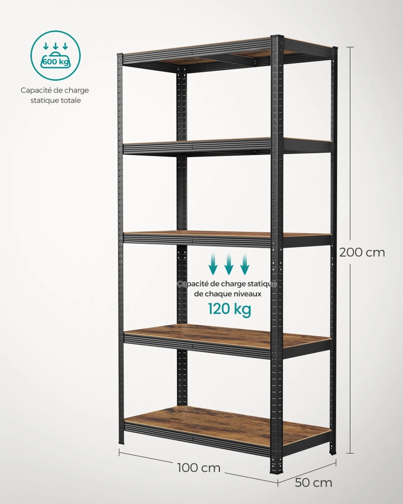 Scaffalatura metallica per carichi pesanti 200 x 100 x 50 cm 5 ripiani portata totale 875 kg (175 kg/ripiano) ripiani regolabili per garage/cantina nero 12_0005596