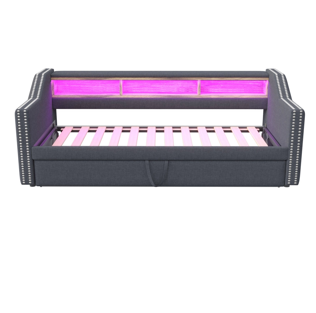 Divano letto estraibile 90/180x190 cm con ripiani, LED e USB grigio scuro