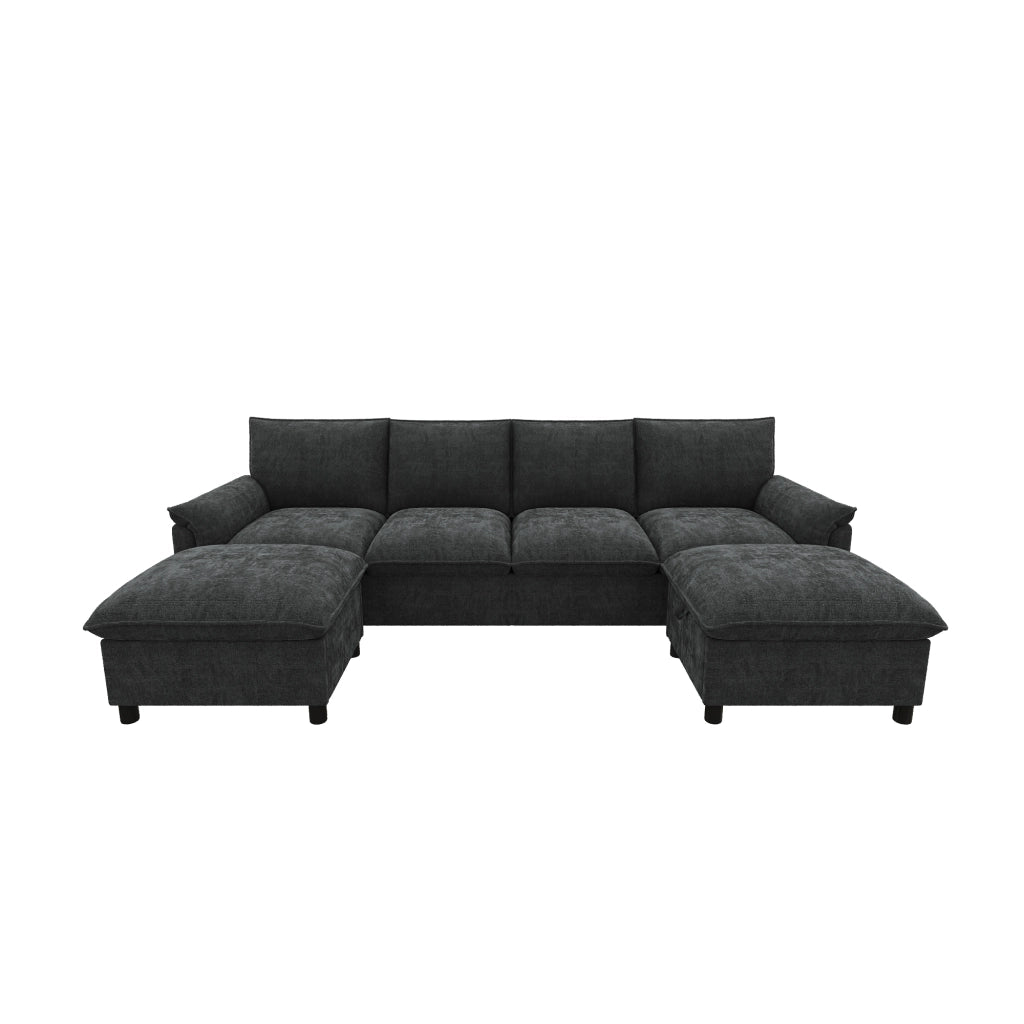 Divano modulare angolare - con pouf contenitore e schienale alto - in chenille nera