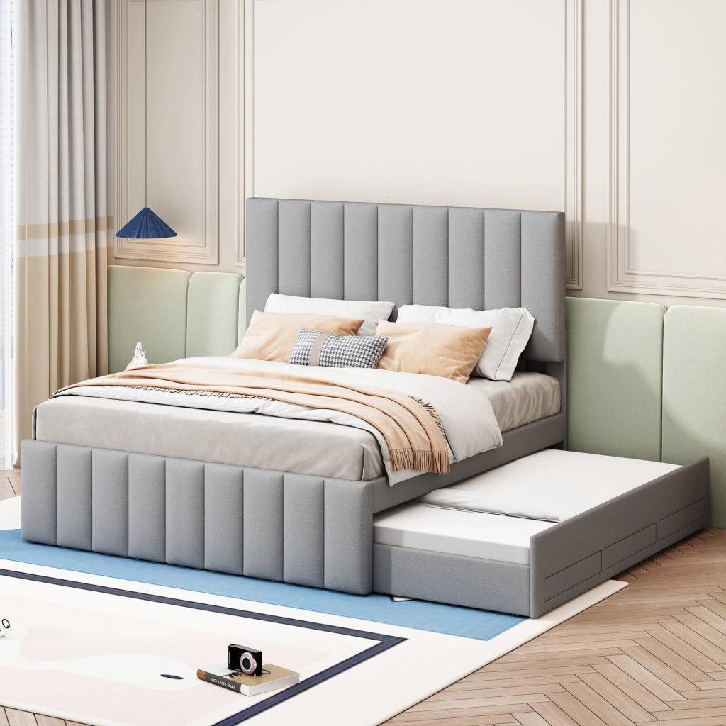 DESMIU Letto estraibile 140 × 200 cm 2 posti con 3 cassetti e letto supplementare, senza materasso, in lino, grigio