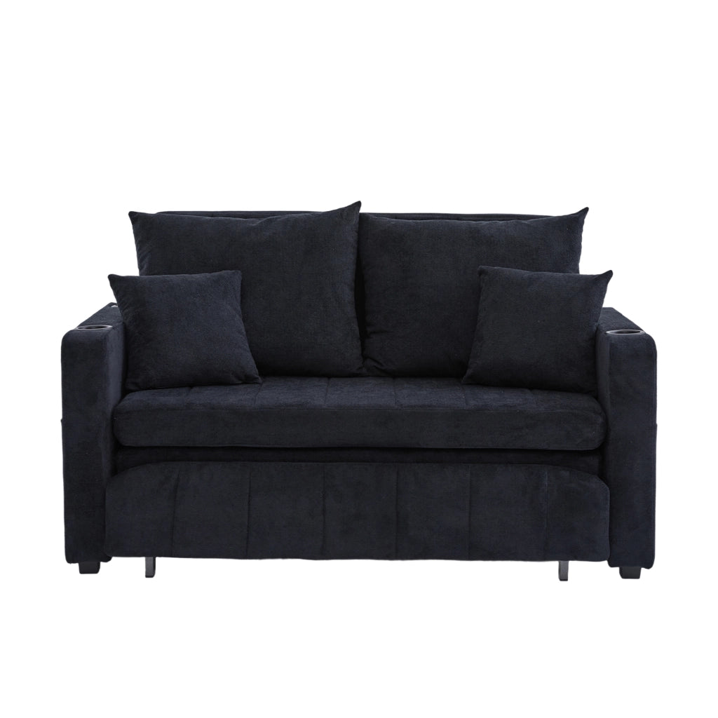 Divano Letto 2 Posti con USB; Portabicchieri; Tasca Laterale; 4 Cuscini in Chenille Nero