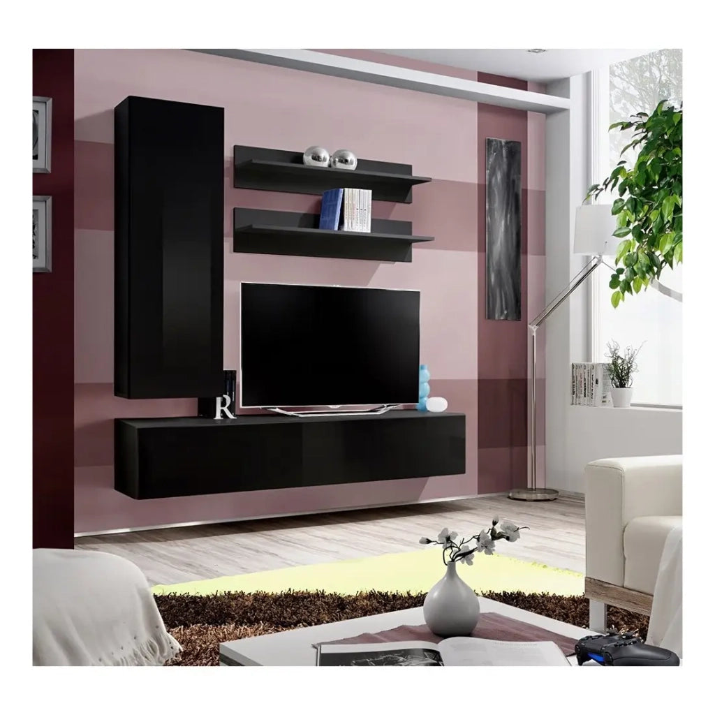 Mobile TV FLY H1 design, colore nero lucido. Mobile sospeso moderno e alla moda per il tuo soggiorno.