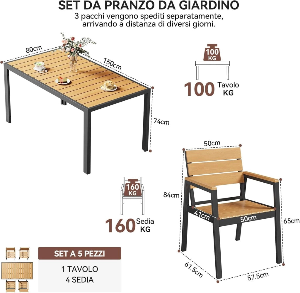 HDPS Set Tavolo e Sedie da Giardino 5 Pezzi Resistente alle Intemperie, Completo di Tavolo 150 cm e 4 Sedie da Esterno in Alluminio, Finitura a Vena di Legno e Facile da Manutenzionare,Naturale