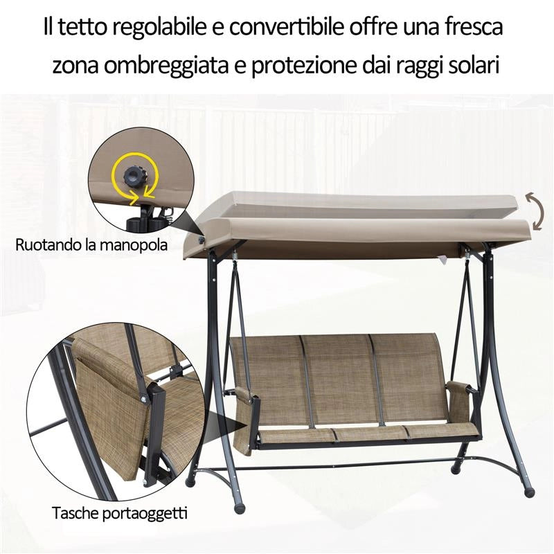 DONDOLO DA GIARDINO 3 POSTI TETTUCCIO E TASCHE PORTAOGGETTI MARRONE