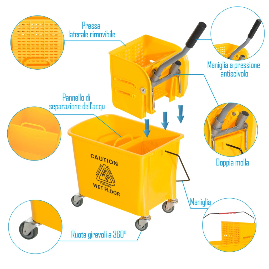 Carrello Lavapavimenti Professionale con Secchio e Strizzatore ¨C Zephmum ¨C Giallo 60x27x70.5 cm