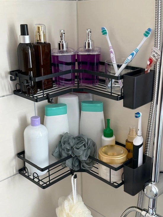 Set di 2 Pannelli di Acciaio Inox senza Fori - Nero - Pannelli di Angolo Autoadesivi con 4 Ganci e Orecchio per Spazzolino da Denti - Autoadesivi e Resistenti all'Oxidazione - Orecchio per Asciugamano per Doccia - Bagno