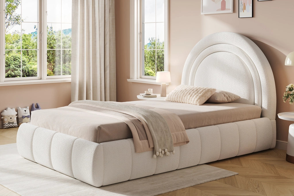 Letto per bambini 90 × 200 cm con contenitore idraulico e testiera imbottita, senza materasso, in bouclé beige