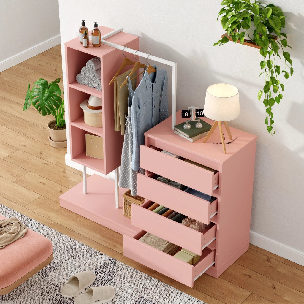 Armadio con 4 cassetti e 3 vani aperti, per ingresso, soggiorno e camera, in truciolare e metallo, rosa, 140 × 40 × 135 cm