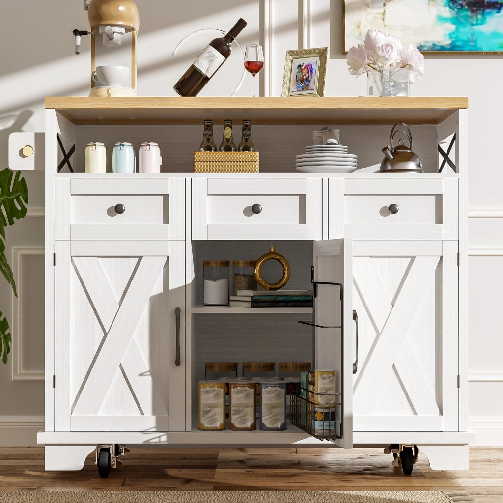 Carrello da cucina con 3 Cassetti; Piano Ribaltabile; Portasciugamani e Ruote; 118 x 43 x 98 cm; Bianco