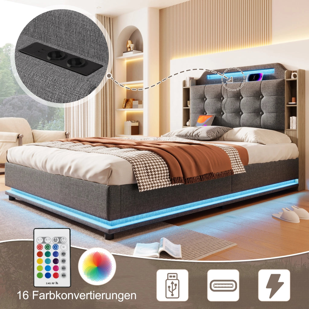 DESMIU Letto contenitore 140 × 200 cm 2 posti con vano idraulico, LED, USB, Type-C, senza materasso, grigio