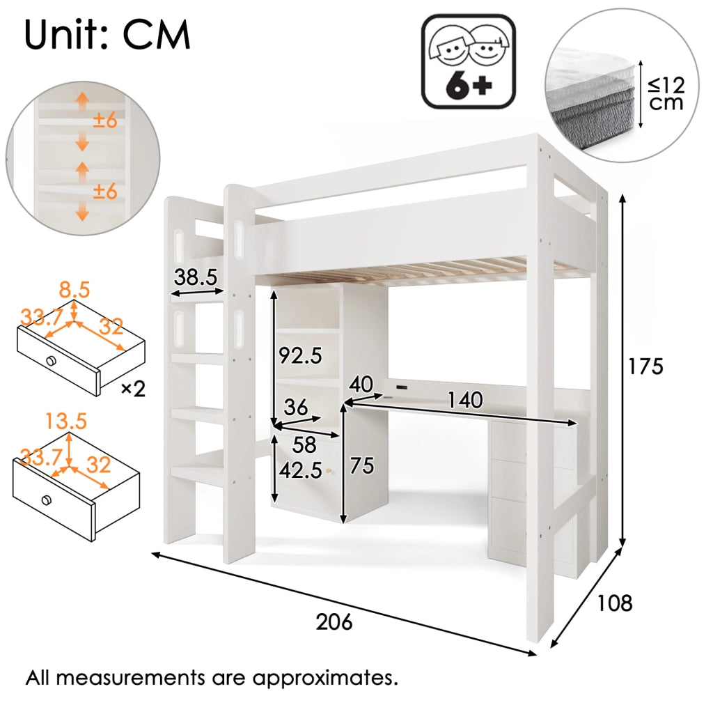 Letto a soppalco 90x200 cm con scrivania; armadio; cassetti e ricarica USB-Type-C; bianco