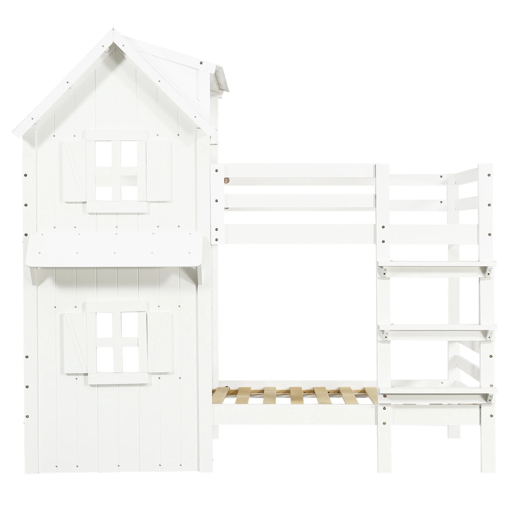 Letto a castello 90x200 cm con finestre e tetto; scala; in legno e MDF bianco