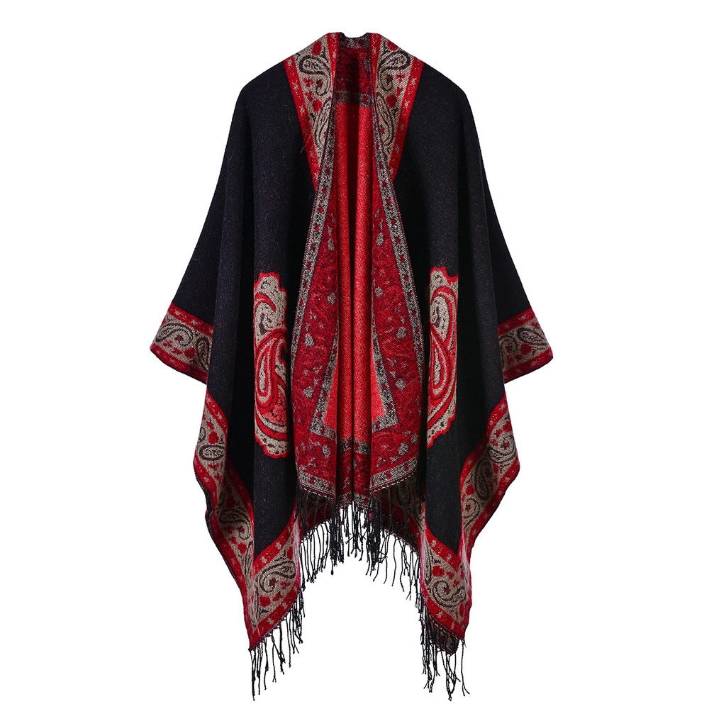 Mantella da viaggio calda in cashmere con nappe e motivo paisley, sciarpa antivento, scialle