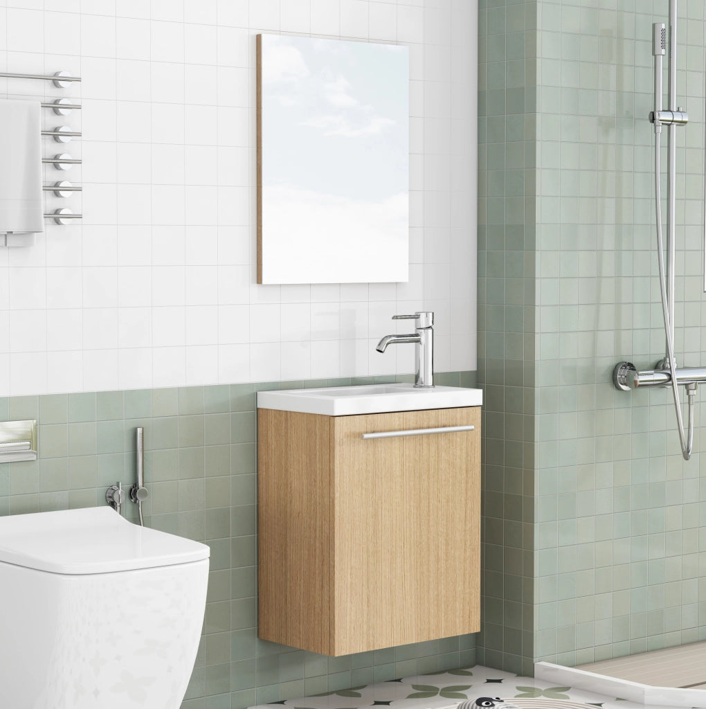 MOBILE BAGNO Sospeso Set con Lavabo in Ceramica e Specchio MDF Rovere