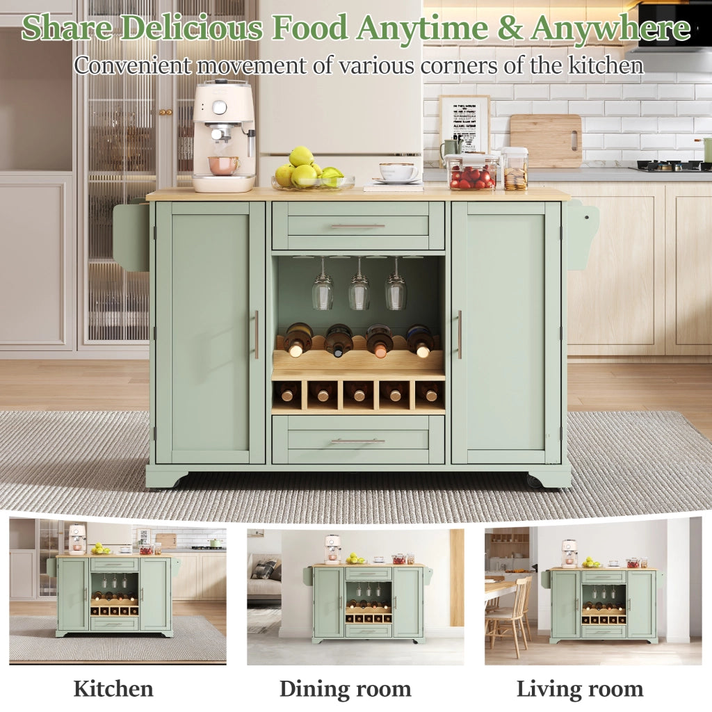 Carrello da cucina con piano estraibile 2 ante 2 cassetti ripiani regolabili e portabottiglie per cucina verde antico
