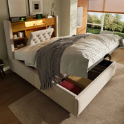 Letto imbottito con contenitore idraulico e LED, 90x200 cm, beige