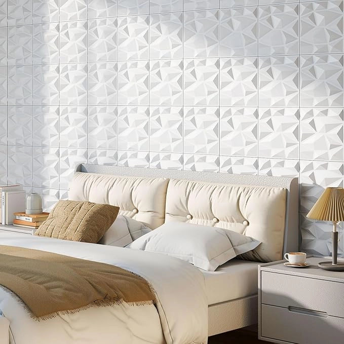50 Pezzi 3D Pannelli Murali 30 x 30 cm, Pannello da Parete 3D Diamante, Decorazione Interna da Parete in PVC, 4,5 m², per Soggiorno Camera da Letto (4,5㎡,Bianco)