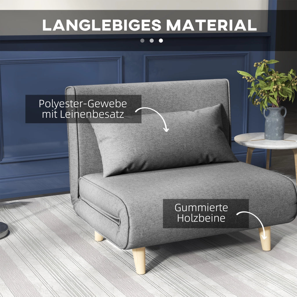 Divano letto singolo convertibile con schienale regolabile e cuscino, per relax, in lino grigio, 94 × 78 × 80 cm