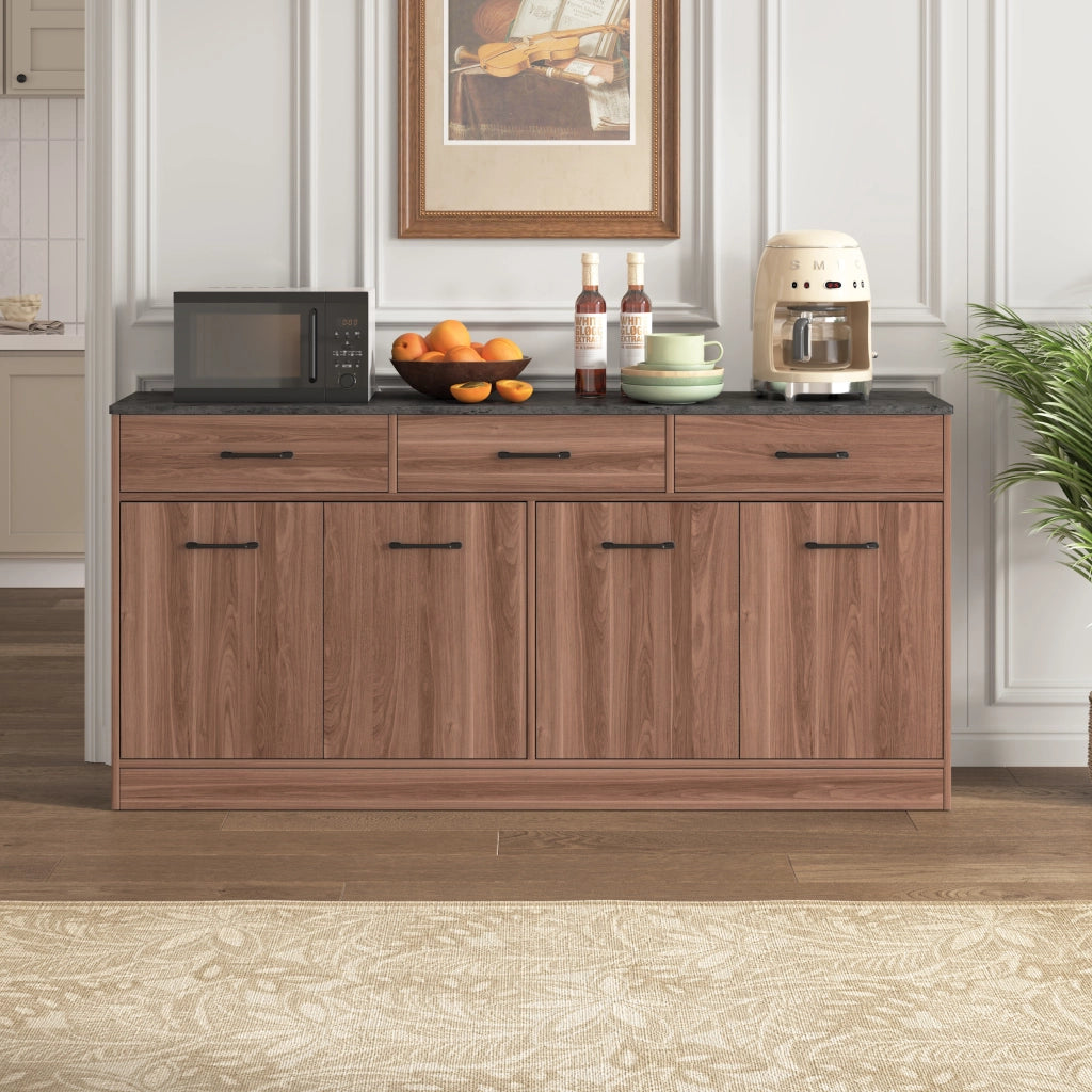Credenza e madia da cucina con 3 cassetti e ripiani regolabili in MDF finitura noce con piano effetto cemento