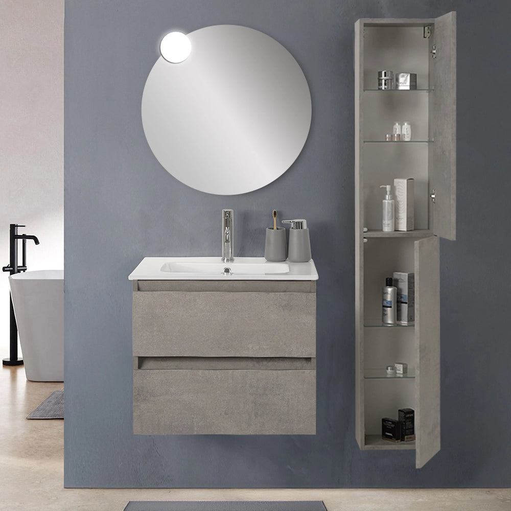 Colonna bagno sospesa H160 cm in legno grigio cemento con ripiani Leda