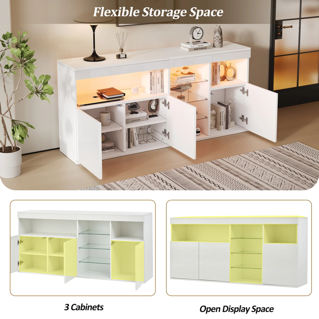 Credenza e madia con LED e 3 ante, 1 vano aperto e ripiani in vetro, per soggiorno, bianco, 155,5 × 35 × 72 cm