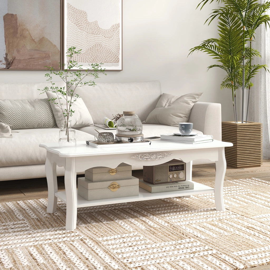 Tavolino da Salotto con Ampio Ripiano Portaoggetti Inferiore in Legno. 94x44x43cm. Bianco