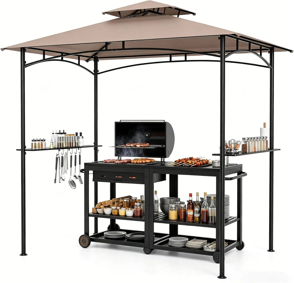 Barbera per barbecue a doppio tetto, gazebo da giardino esterno per griglia, con 2 ripiani e 7 ganci, gazebo da barbecue, per campeggio, picnic, festa, barbecue, 240 x 151 x 255 cm (Beige)