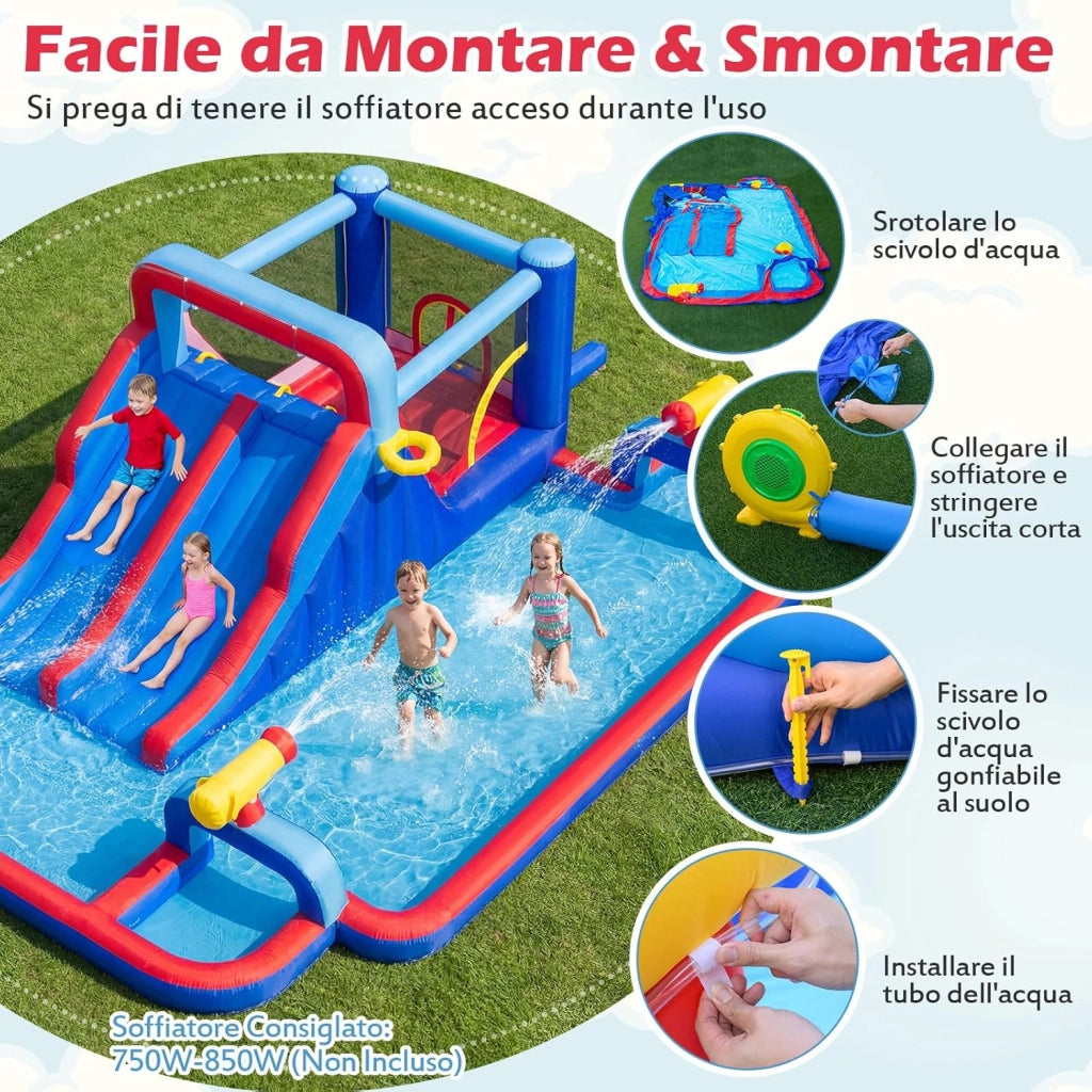 Parco Gonfiabile Scivolo d'Acqua, Grande Castello Gonfiabile con Doppio Scivolo, Piscina d'Acqua, Area Salto, Parete Arrampicata, Canestro da Basket e 3 Cannoni d'Acqua, 646 x 418 x 211 cm
