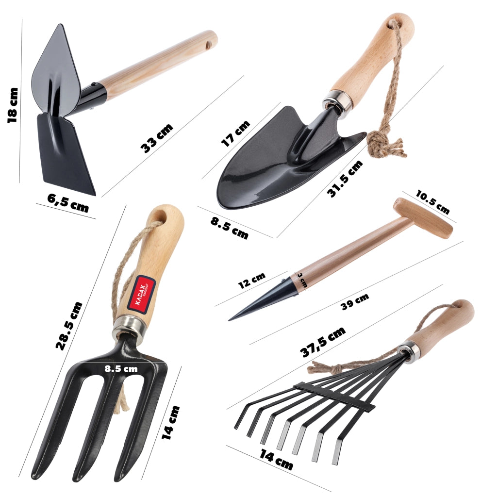 Set di attrezzi da giardino KADAX 5 in 1: pala, rastrello, zappa, artigli, coltello da patchwork