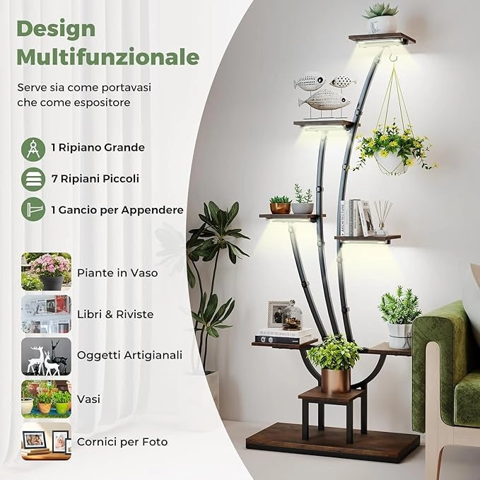 Scaffale per Piante da Interno ed Esterno, Porta Piante Angolare in Metallo a 8 Ripiani con Luci di Crescita, Porta Vasi per Balcone, Soggiorno e Giardino, 67 x 30 x 156 cm