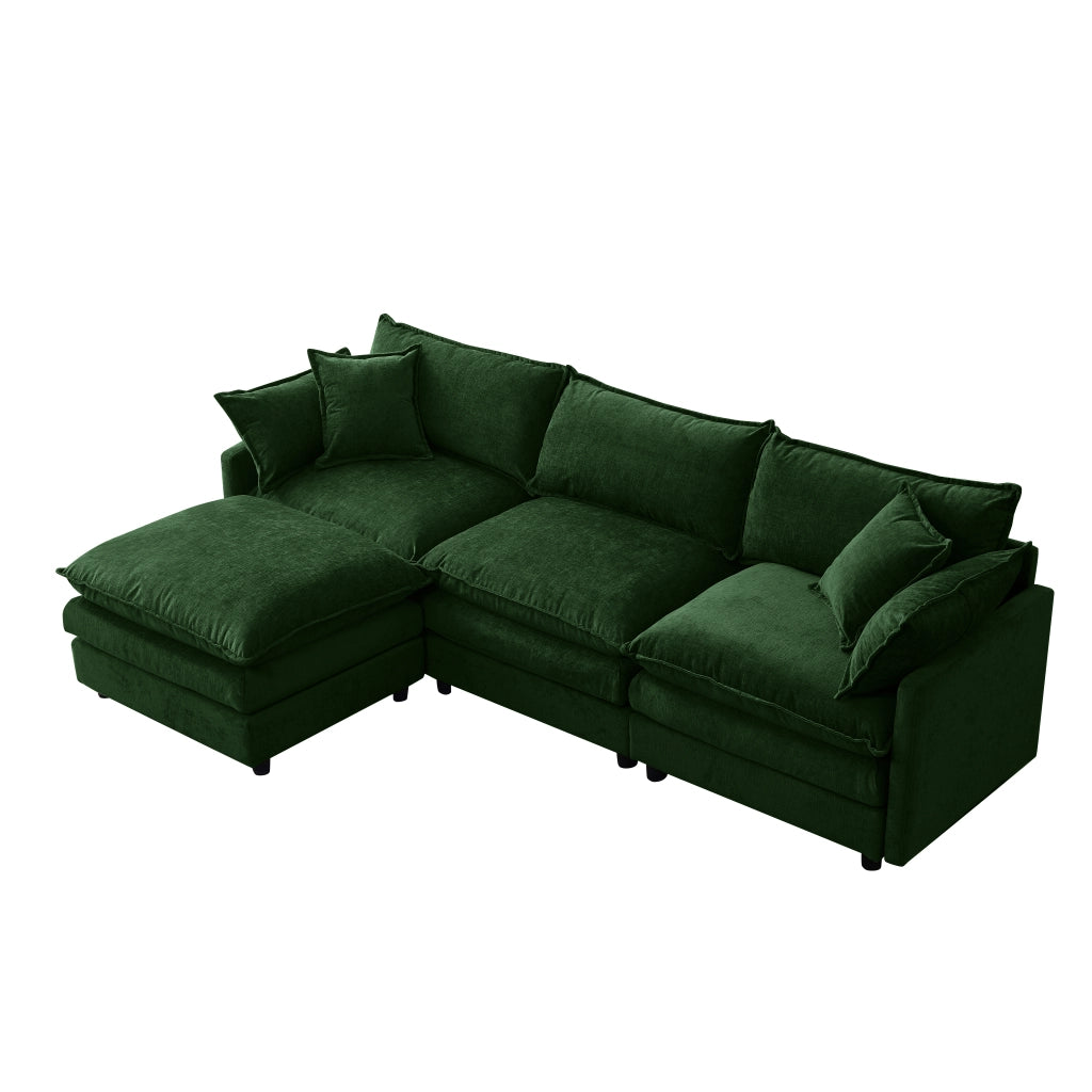 Divano angolare modulare con pouf mobile in chenille verde con seduta in memory schiuma e per 3 persone