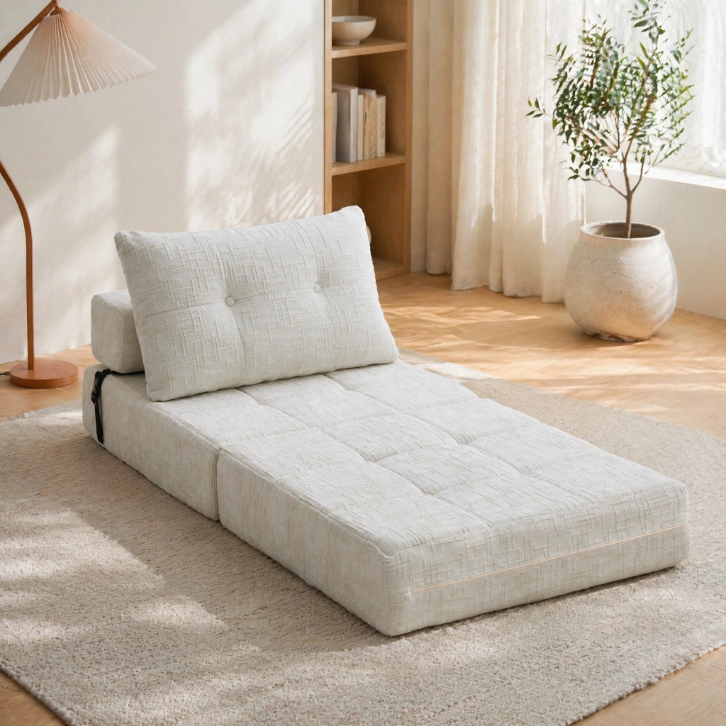 Divano letto pieghevole con schienale, cuscini per testa e zona lombare, in Ciniglia Beige