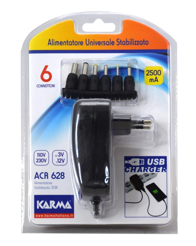 Karma ACR 628 Alimentatore Universale Stabilizzato AC DC 30W 2.5A 6 Adattatori USB colore Nero