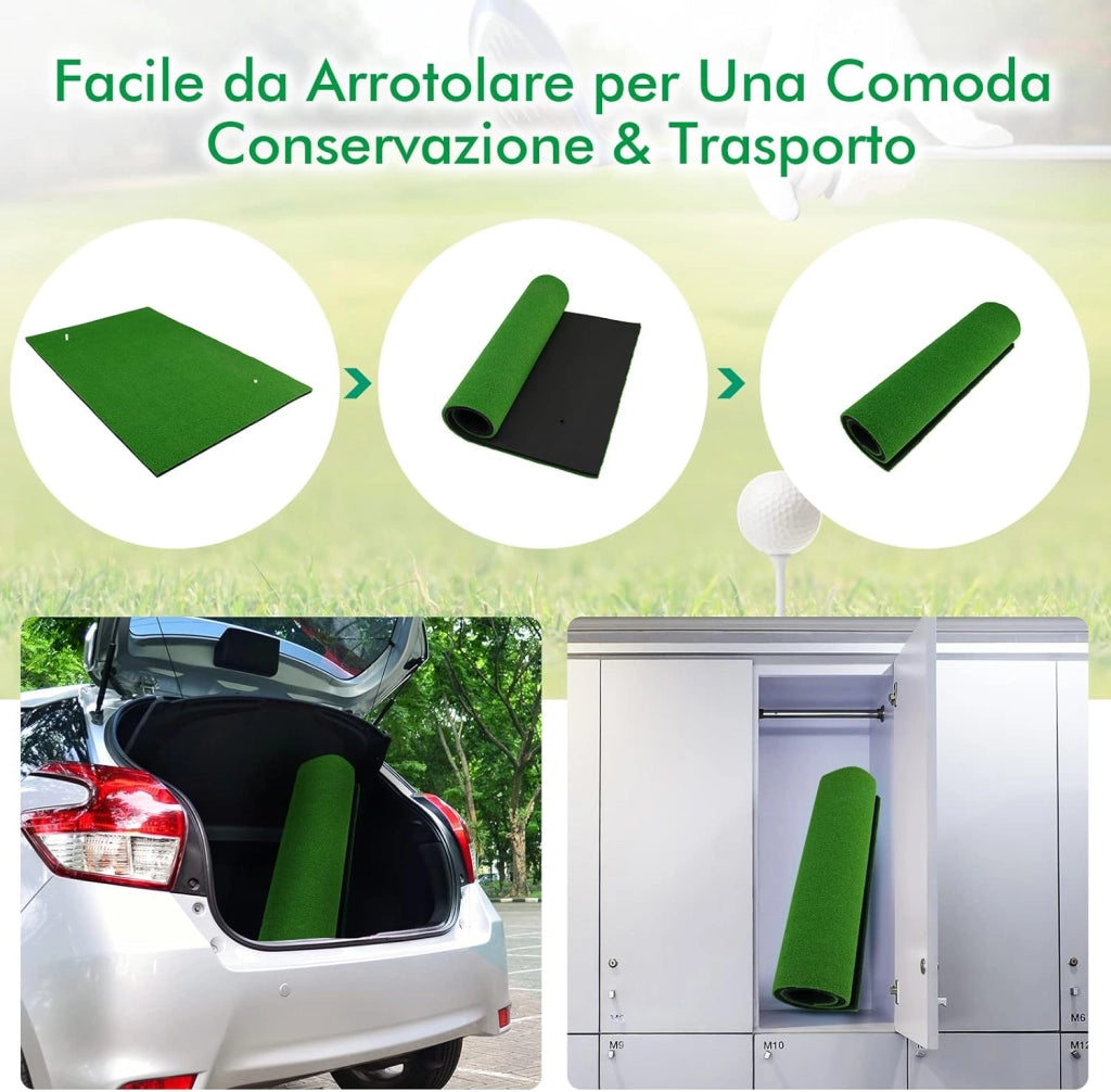 Tappetino da Golf Pratica 150 x 100 x 2,7 CM, Tappetino per Allenamento Golf con Erba Sintetica e 2 Fori, 3 Tee, Putting Mat Green per Uso Interno ed Esterno
